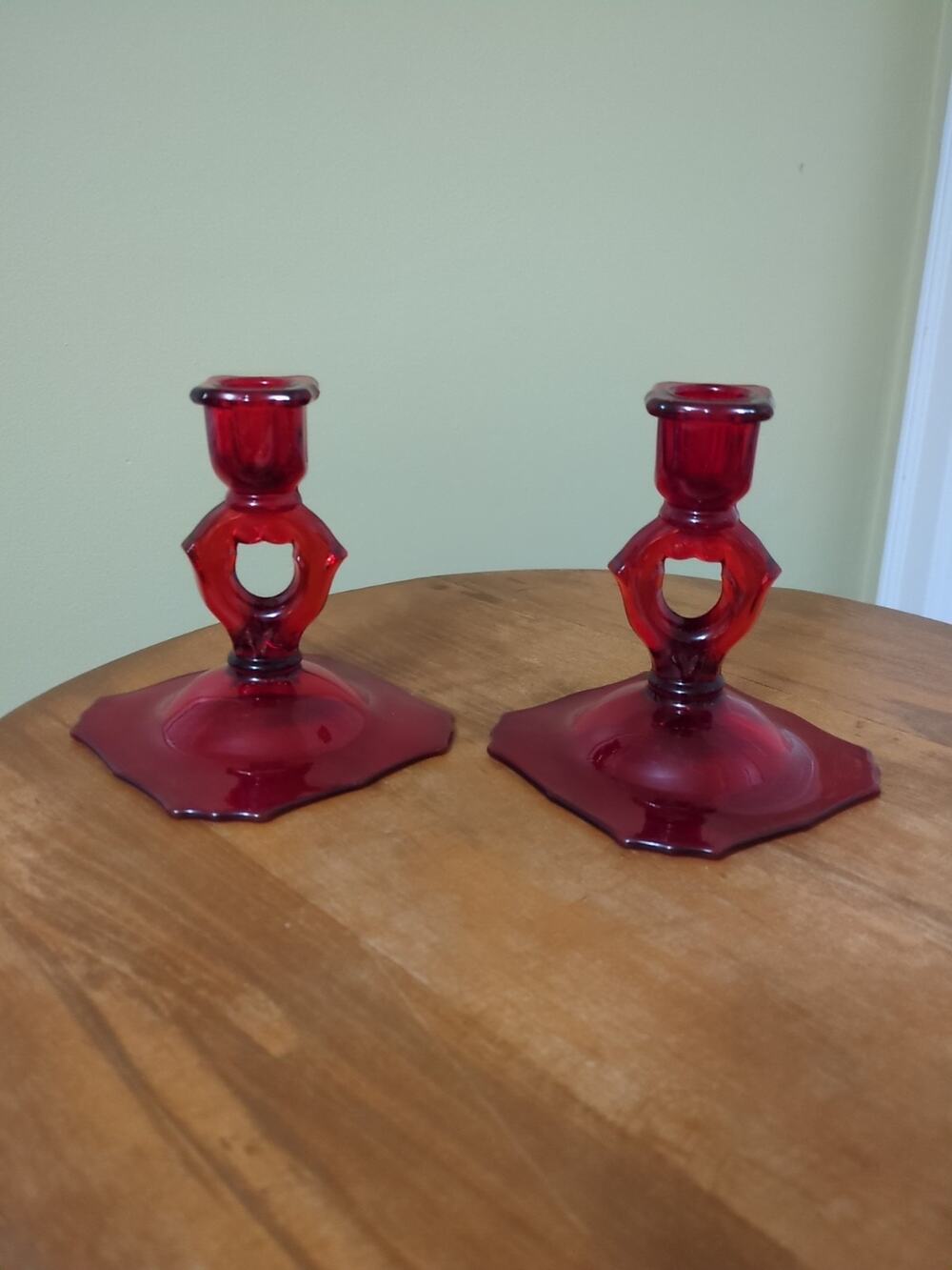 Rare Vintage Paden City Glass #411 Keyhole Ruby Candlestick Pair